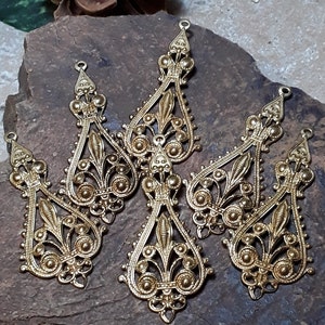 CLOSEOUT - 6 pcs. Vintage Raw Brass Filigree Etruscan Drops w/ loop  For Jewelry Fabrication or Collage Art or Crafts.