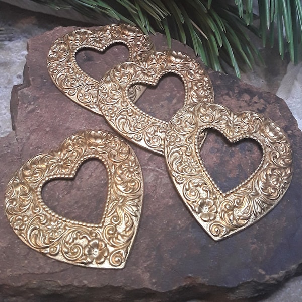 4 pcs Victorian Style Ornate Open Heart Brass Stampings or Jewelry Findings Beautiful Scrollwork and Flowers Great for Collage Art