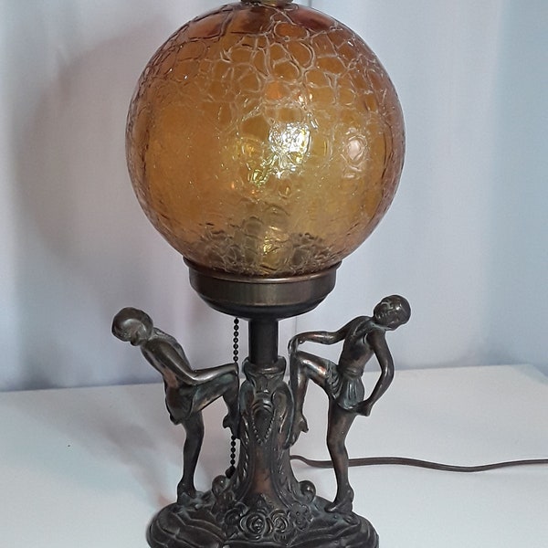 Antique 1920s Deco Era Figural Flapper Lady Women Dancers Lamp w Amber Crackle Globe  - Beautiful Condition!