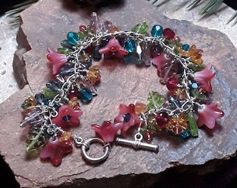 Colorful Silver Toggle Bracelet with Enchanting Glass Florals, Leaves & Crystal Beads