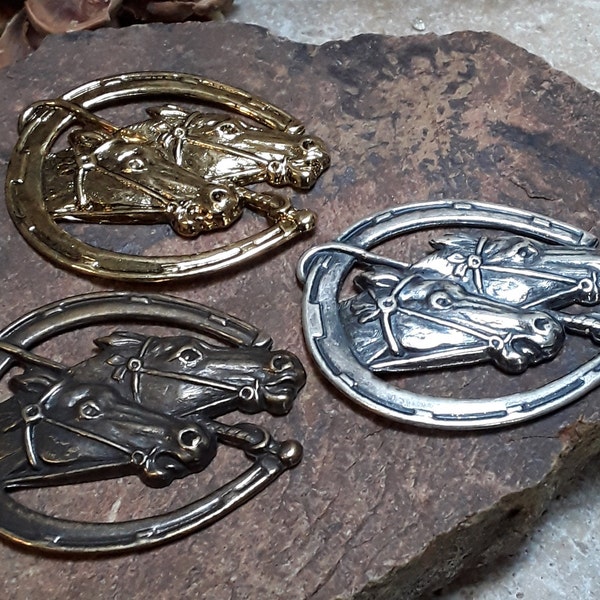CLOSEOUT -2 or 4 pcs. Plated Brass Western Style Double Horse Heads Stampings. Perfect for jewelry Making, Collage Art and Other Crafts