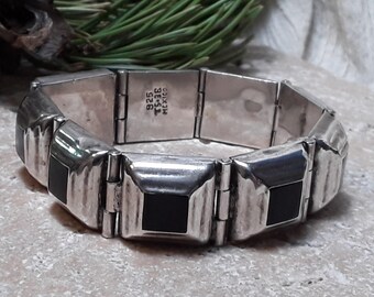 Vintage Sterling Mexican Onyx Paneled Bracelet Modernist Design