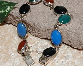 1990s Sterling Multi Oval Natural Gemstones Link Tennis Bracelet Mexico