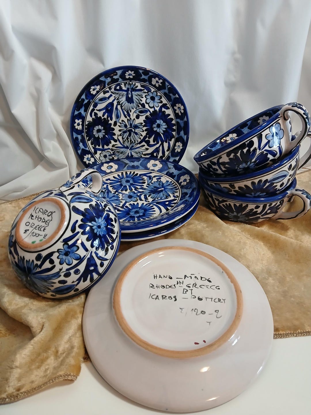 Set of 4 Handmade Vintage IKAROS Greece Ceramic Pottery Coffee Tea Cups ...