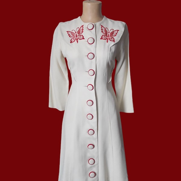 Original Vintage 1940's Lightweight Wool Cream & Red Button Down Fitted Dress XXS