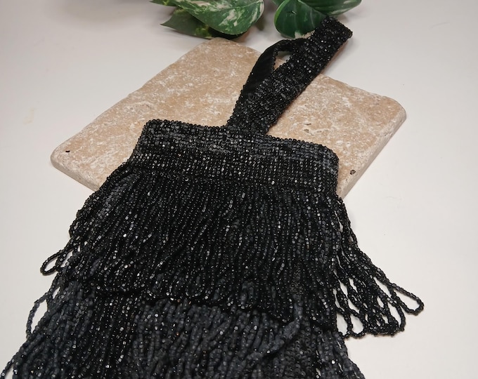Antique Flapper Deco Era 1920s Black Glass Beaded Fringe Bag Purse