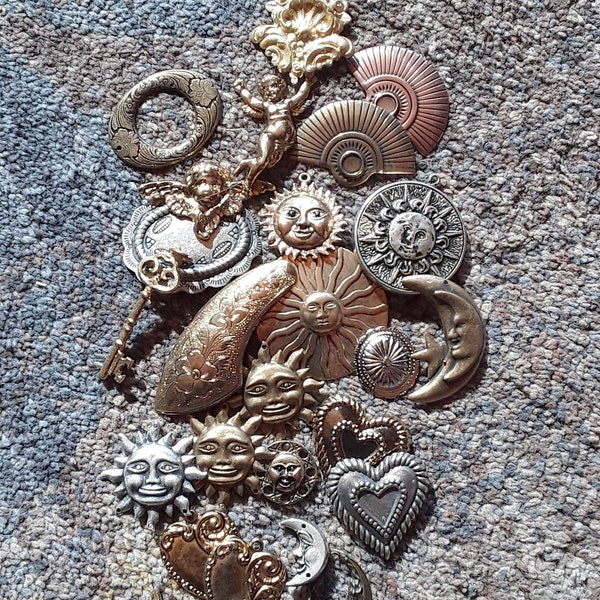 CLOSEOUT Vintage Old Stock 24pcs. Assorted Plated Brass Stampings Findings for Jewelry, Collaging, Crafts. Moons, Suns, Hearts etc,