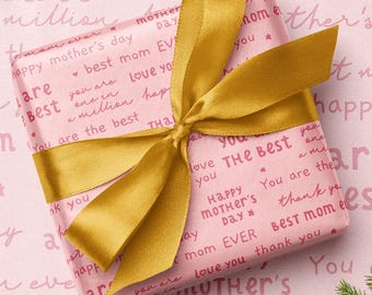 Pink Lettering Wrapping Paper Thank you mom, love you lettering, Mother's Day gift wrap, Birthday gift wrap, Gift packaging for Grandma Mum