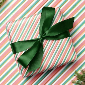 Modern Christmas Candy Cane Strips Wrapping paper sheets, traditional Xmas holiday season gift wrap, red green and gold present packaging