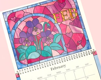 Wall Calendar 2026 Birth Flowers | illustrated floral wall calendar, Stained Glass birth flowers, botanical wall art, gift for plant lover