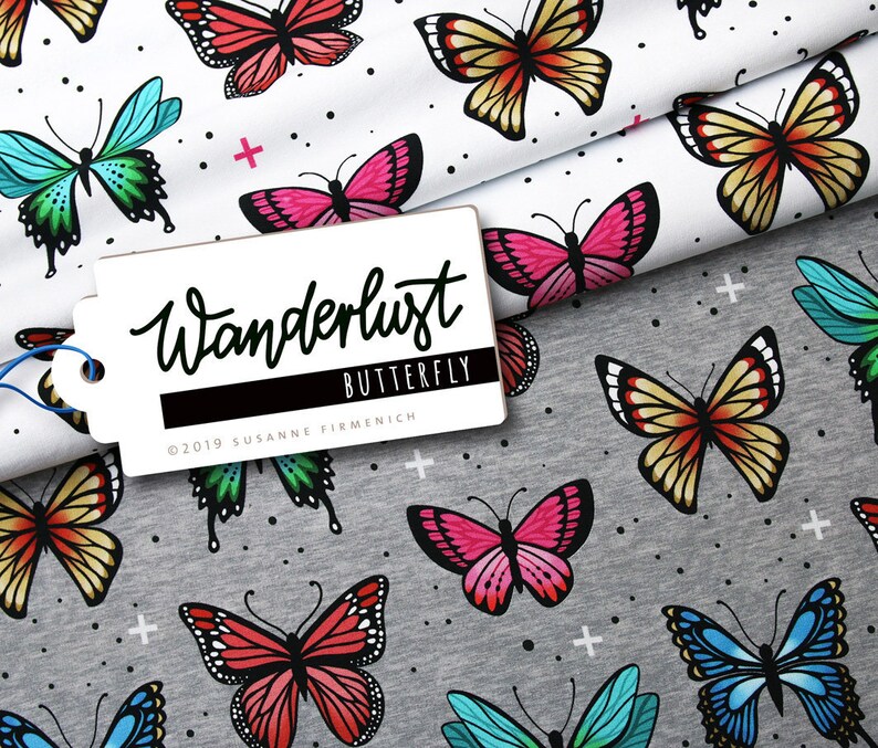 Wanderlust Butterfly Bio-JERSEY White Bunt Butterflies Hamburger Love Biostoff Biober Cotton kba GOTs Albstes