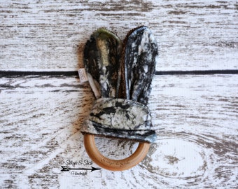 Real Tree Camo ~ Bunny Ear Teething Ring ~ Wooden Teething Ring ~ Organic Wooden Teething Toy, Organic Baby Toy, Teething Accessories