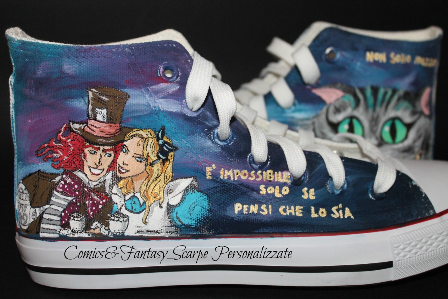 Custom Shoes Hand Painted not Printed High Top Converse Alice in Wonderland  Cheshire Cat Designs 2 full pieces of art painted just for you