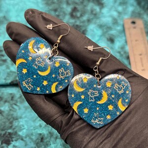 Glitter Blue and Gold Bunny Heart Crescent Moon Earrings ER1