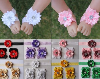 Handmade Baby Barefoot Sandals Newborn Girl Headband Hair Band Set Free Postage