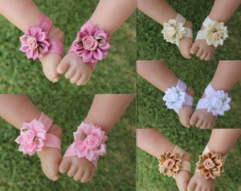 Baby Barefoot Sandals Girl Daisy Flower Shoes Newborn Photo Prop White Pink ivory