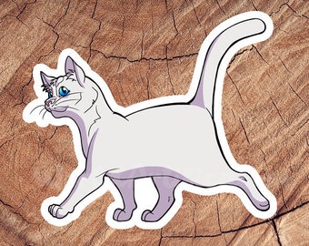 May include: A white cat with blue eyes is walking with its tail raised. The cat is outlined in white against a brown wooden background.