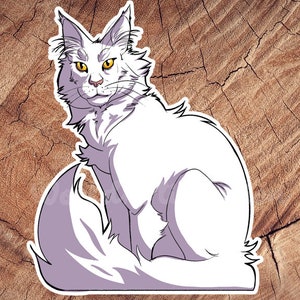 May include: A white longhaired cat with yellow eyes sits with its tail curled around its body. The cat is facing the camera and has a serious expression.