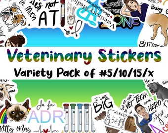 May include: A variety pack of veterinary stickers featuring colorful illustrations of dogs, cats, and other animals. The stickers include phrases like "I Like Big" and "Get Me Free Vet Tech".