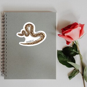 Pu&ograve; includere: Un adesivo bianco con un'illustrazione di un serpente marrone e bianco. Il serpente &egrave; arrotolato e il testo "BAMBOO" &egrave; stampato sotto.