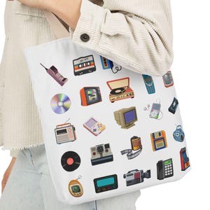 Retro musik, media och teknik canvas tygväska, miljövänlig shoppingväska, vintage-stil tygväska, allt-i-ett-bärväska för teknikälskare, flygplansväska