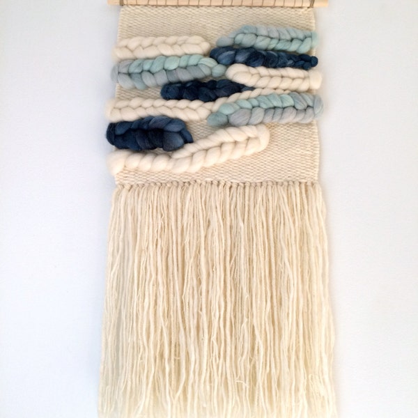 Cream, Indigo & Sky Blue Medium Wool Wall Weaving