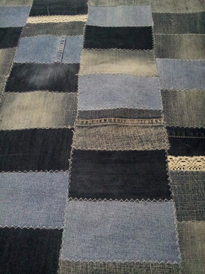 Denim/jeans Patchwork Rug With Lace,runner,rag Rug,recycled/upcycled