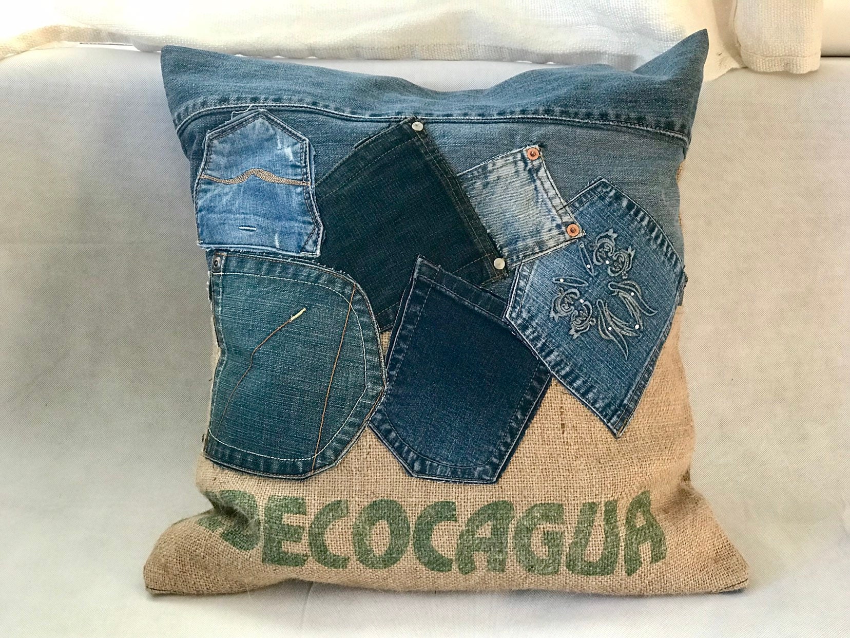 Denim and Burlap Cushion Large Decorative Pillow Case | Etsy Singapore