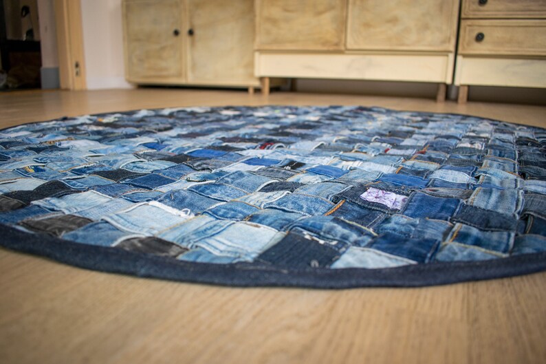 Recycled jeans PIXEL round rug/carpet denim rag rug hand Etsy