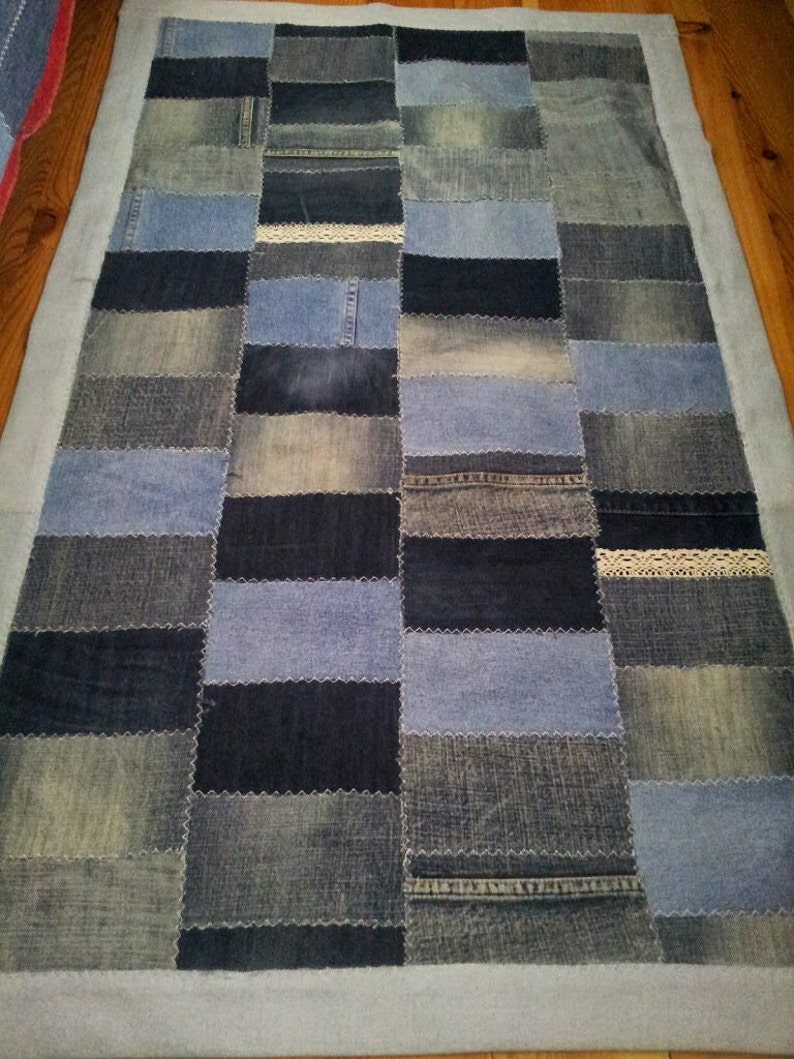 Denim/jeans Patchwork Rug With Lace,runner,rag Rug,recycled/upcycled