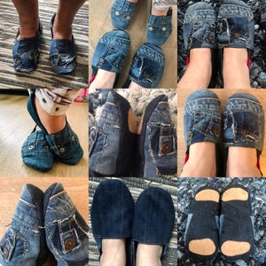 Denim slippers, household jeans slippers, man/women/kids denim slippers, recycled jeans slippers.