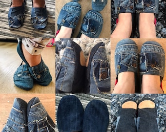 Denim slippers, household jeans slippers, man/women/kids denim slippers, recycled jeans slippers.