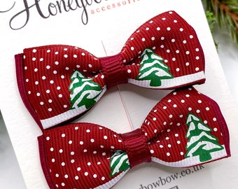 Christmas tree bow, burgundy hair bows, Christmas hair clips, Christmas ribbon bows, 2 half inch Christmas hair bows