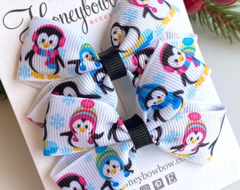 Penguin hair bows, set of clips, Christmas gift, ribbon bow clips, small Christmas clips, stocking filler, 2.5 inch tux bows, penguin bows