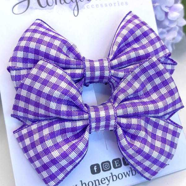 Purple school bows, 2 and a half inch ribbon bows, small school bows, ribbon hair clips, gingham hair bows
