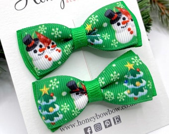 Snowman hair bow, green Christmas hair bows, Christmas hair clips, Christmas ribbon bows, 2 inch Christmas hair bows