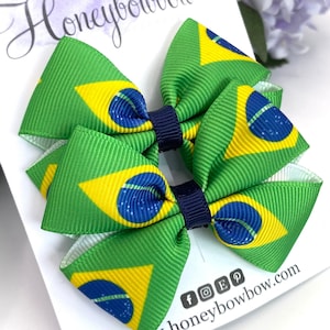 Brazil flag bows, Brazil bow, Brazil hair bow, world cup hair bows, pair of clips