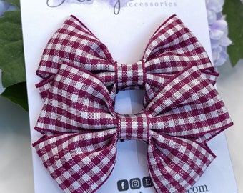 Burgundy school bows, 2 and a half inch ribbon bows, small school bows, ribbon hair clips, gingham hair bows