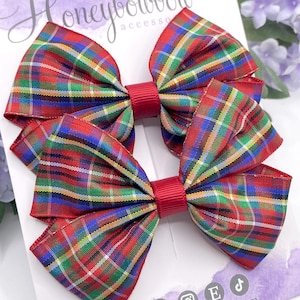 Tartan hair bows, tartan bow hair clips, Tartan ribbon hair bows, 3 and a half inch red tartan bows