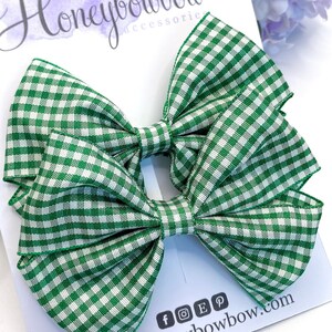Green school bow, green gingham school bow, green bow, green gingham bow, gingham bow, pair of 3.5 inch clips