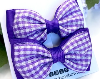 Purple school bow, purple gingham school bow, purple school bow, purple gingham bow, gingham bow, pair of 3” clips