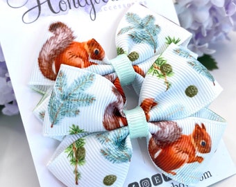 Squirrel hair bow, nutty about squirrels, squirrel gift, squirrel ribbon, squirrel ribbon bow, squirrel hair clip