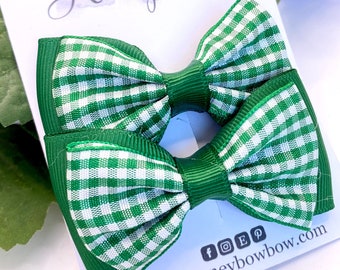 Green school bow, green gingham school bow, green school bow, green gingham bow, gingham bow, pair of 3” clips
