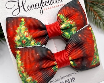 Christmas hair bows, set of clips, Christmas gift, ribbon bow clips, small Christmas clips, stocking filler, tree bows, 3 inch classic bows,