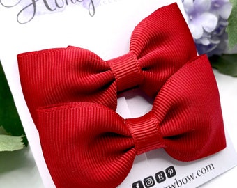 Scarlet bows, set of clips, Bow gift, ribbon bow clips, small deep red clips, dark red bows, 3 inch classic bows, red bobbles