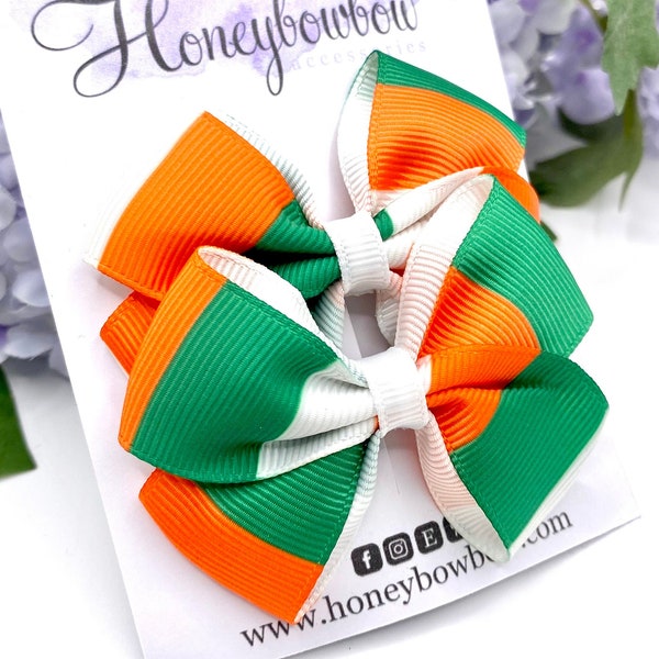 Ireland flag hair bows, Irish hair bow, green white and orange , 2.5” tux bows pair Ireland flag