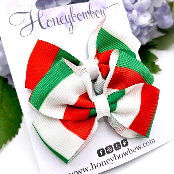 Italia flag hair bows, Italy hair bow, red white green, Italian hair bow, 2.5 inch tux bow clips