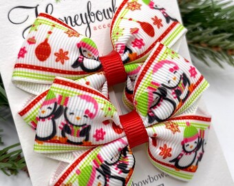 Christmas bows, set of clips, Christmas gift, ribbon bow clips, small Christmas clips, stocking filler, penguin bows, 2.5 inch tux bows,