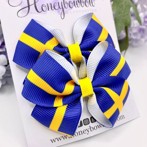 Swedish flag hair bows, Sverige hair bow, Sweden hair bow, Blue and yellow hair clips