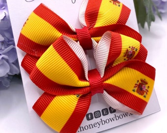 Spain flag bows, Spanish bow, Spain hair bow, red and yellow hair bows, pair of clips